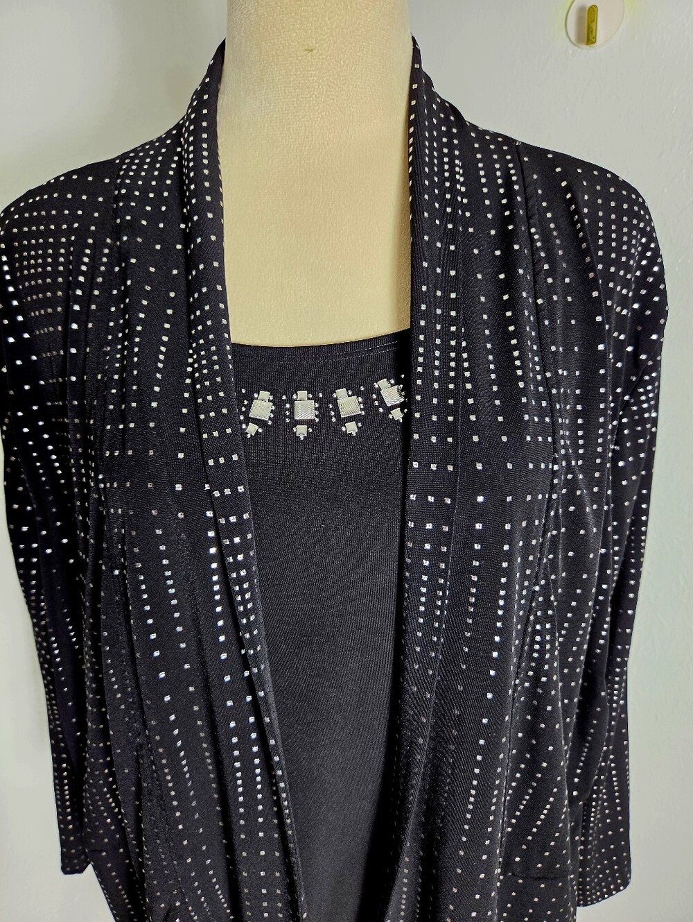 JM Collection Black & Silver Studded Waterfall Jacket with Tank, Size XL - Picture 3 of 11